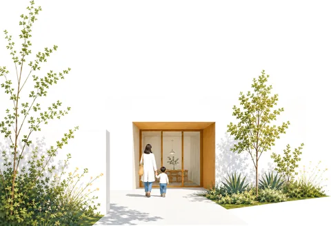 A parent and a small child walking hand in hand up a pale path toward an open wooden doorway in a white wall, with young trees and flowering shrubs on either side